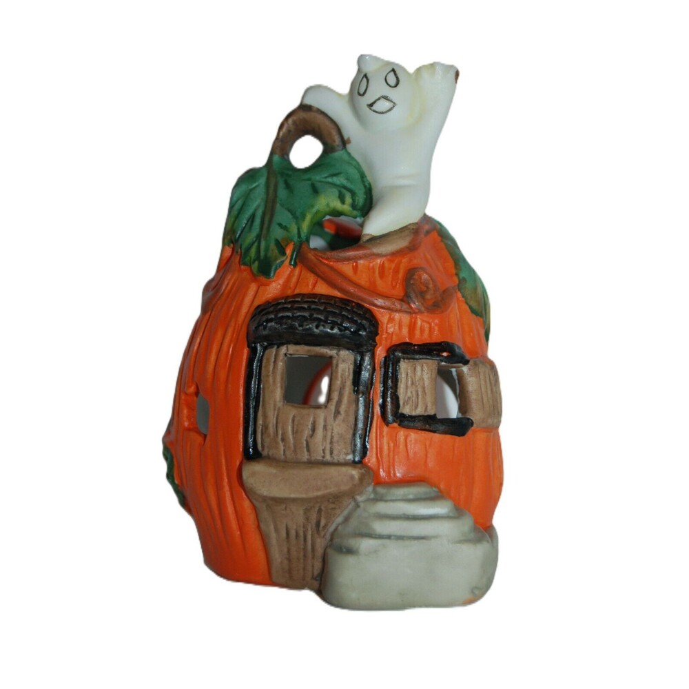 VINTAGE 4.5”x3.5” HALLOWEEN TEA LIGHT CANDLE HOLDER PUMPKIN HOUSE WITH GHOST